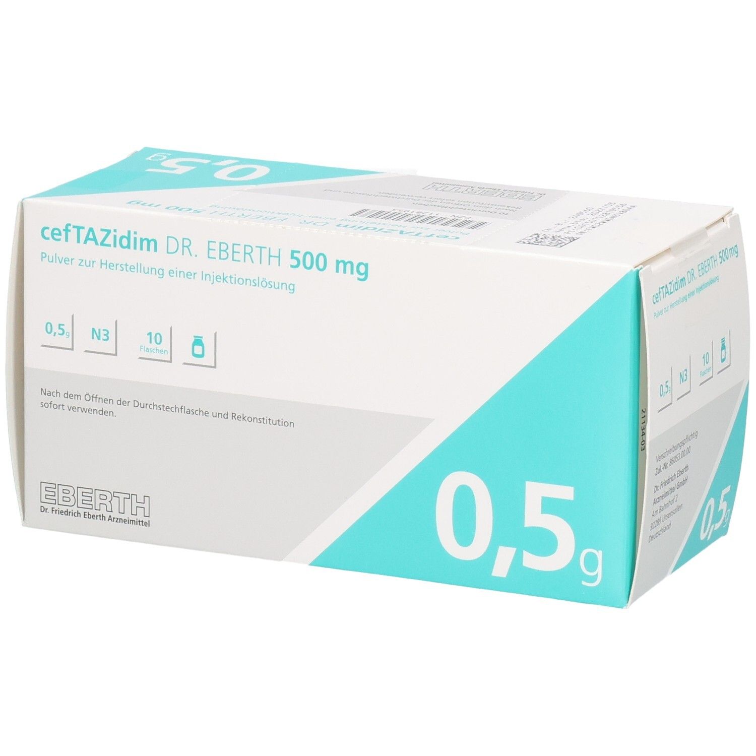 Arzneimittelpackung cefTAZidim DR. EBERTH 500 mg. Enthält 10 Fläschchen. Weiße und türkise Farbgebung. Text: Nach dem Öffnen sofort verwenden.