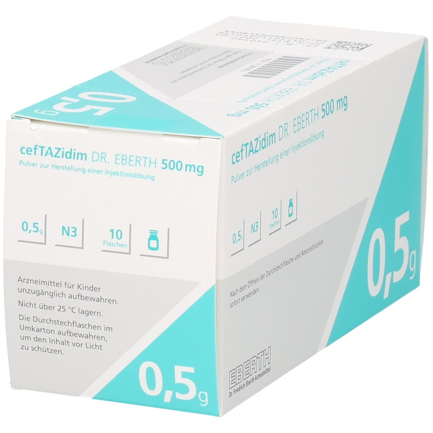 Schräg gestellte Arzneimittelpackung cefTAZidim DR. EBERTH 500 mg. Enthält 10 Fläschchen. Weiße und türkise Farbgebung. Text: Für Kinder unzugänglich aufbewahren.
