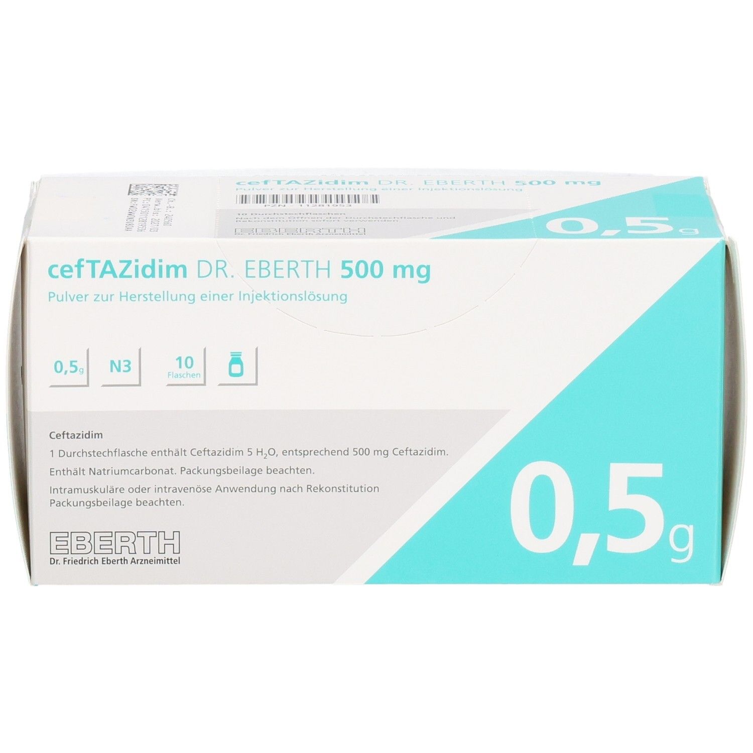 Arzneimittelpackung cefTAZidim DR. EBERTH 500 mg. Enthält 10 Fläschchen. Weiße und türkise Farbgebung. Text: Enthält Natriumcarbonat.