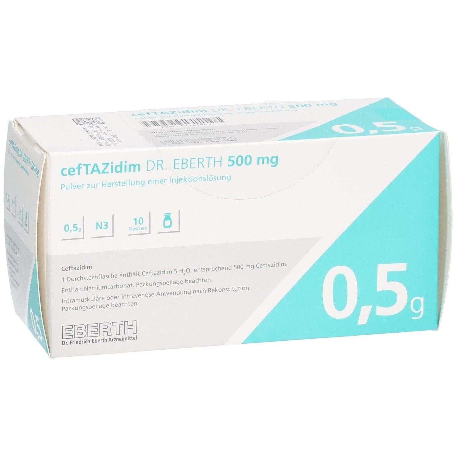 Arzneimittelpackung cefTAZidim DR. EBERTH 500 mg. Enthält 10 Fläschchen. Weiße und türkise Farbgebung. Text: Enthält Natriumcarbonat.