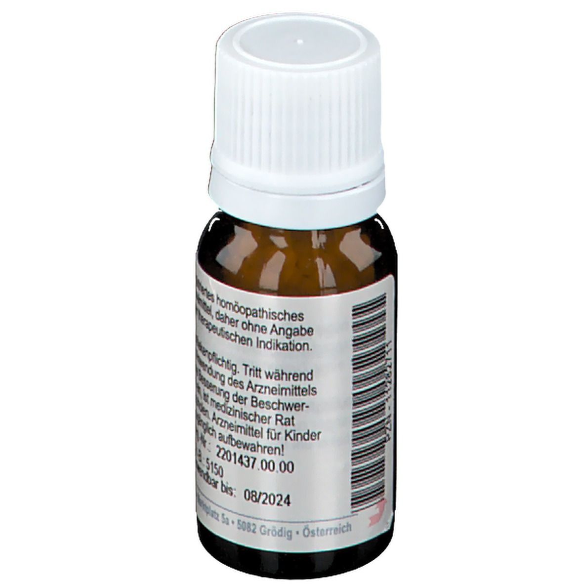 Braune Glasflasche mit weißem Deckel. Etikett mit Informationen zu SPAGYRA Rhus toxicodendron C30. Verwendbar bis 08/2024.