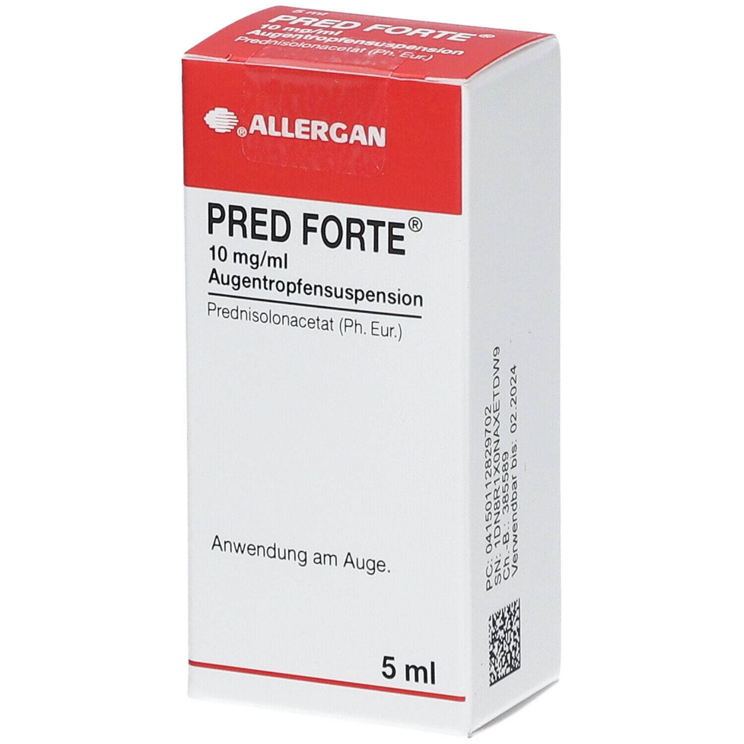 Weiße Faltschachtel mit rotem Deckel. Aufschrift PRED FORTE 10 mg/ml, Augentropfensuspension. 5 ml. Allergan Logo.