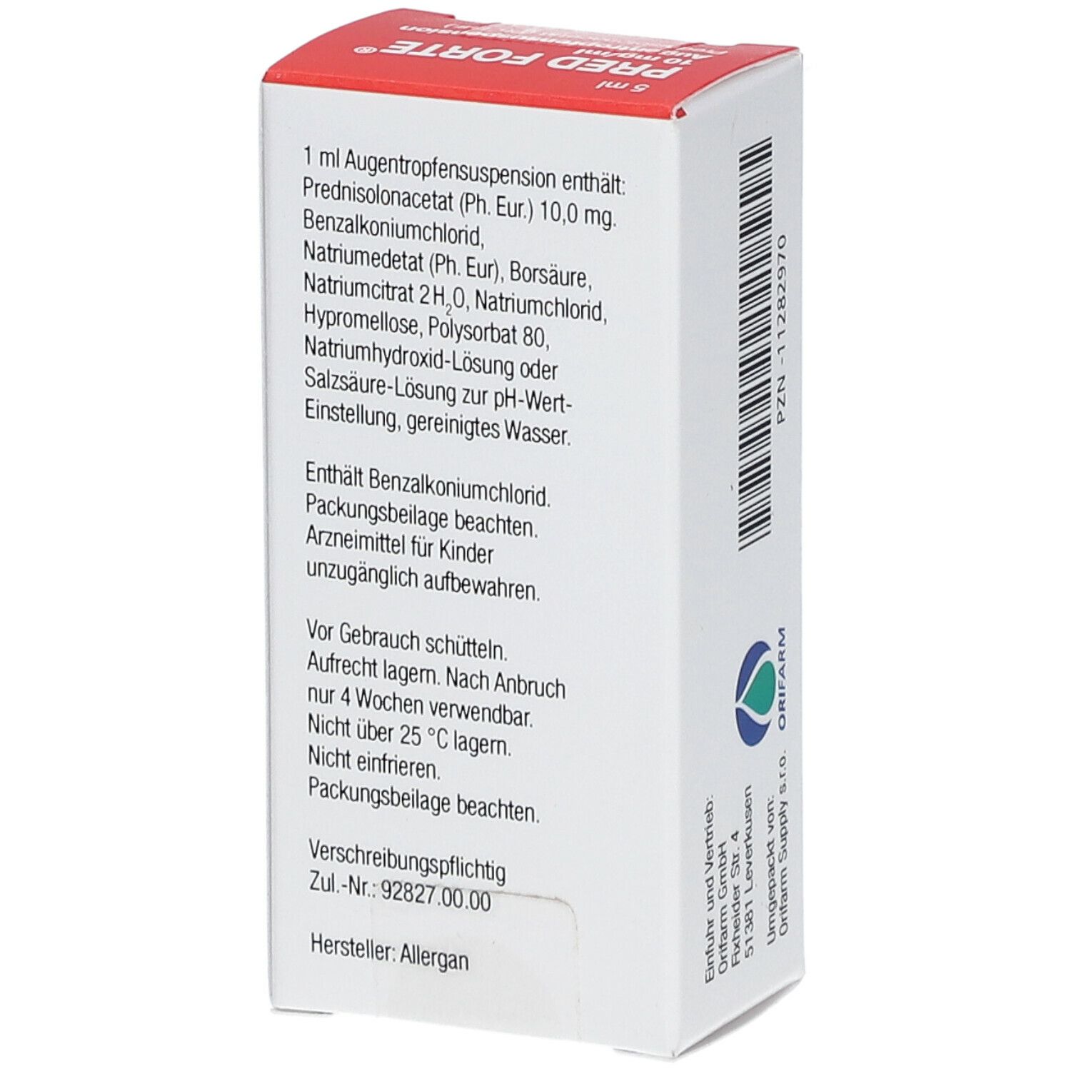 Weiße Faltschachtel. Text mit Inhaltsstoffen und Warnhinweisen. Hersteller: Allergan. Zul.-Nr.: 92827.00.00. Orifarm Logo.