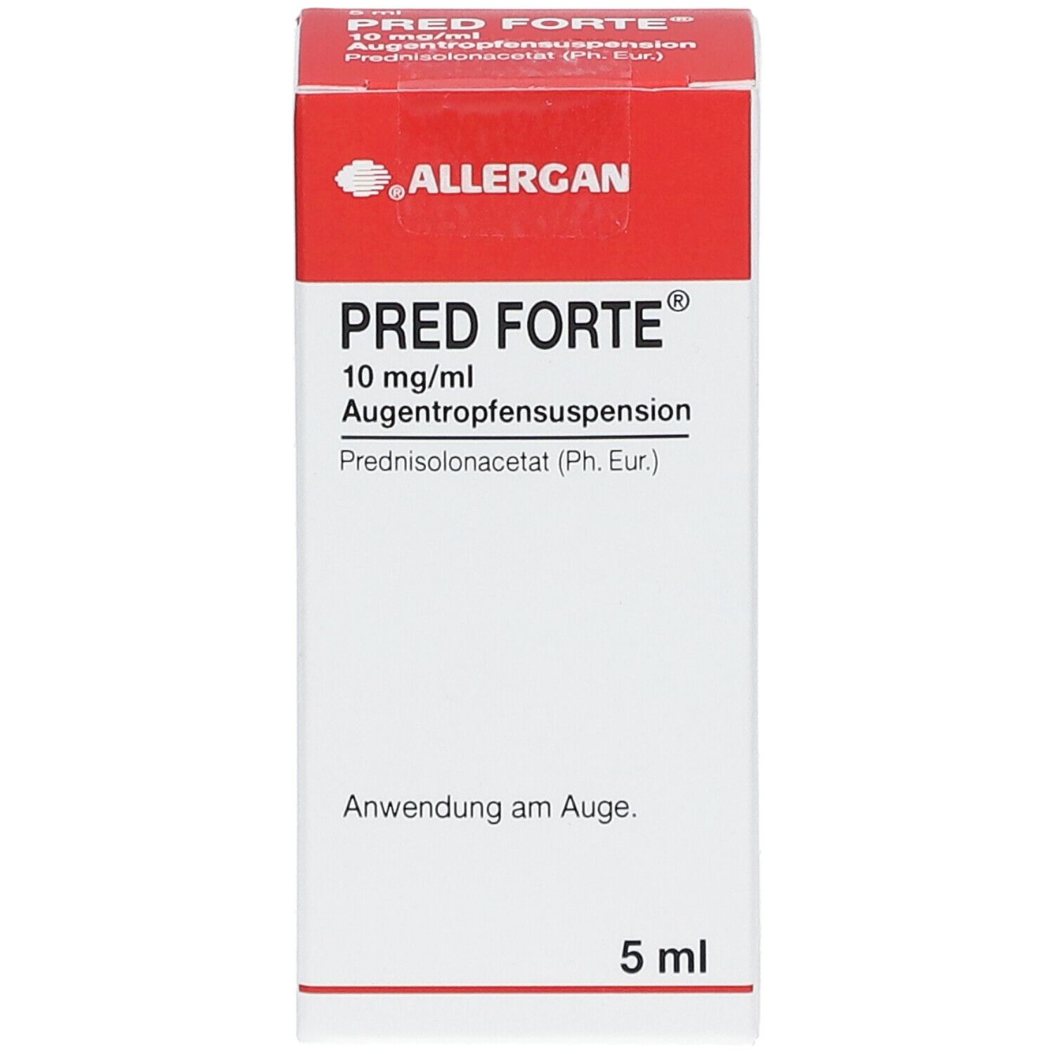 Weiße Faltschachtel mit rotem Deckel. Aufschrift PRED FORTE 10 mg/ml, Augentropfensuspension. 5 ml. Allergan Logo.