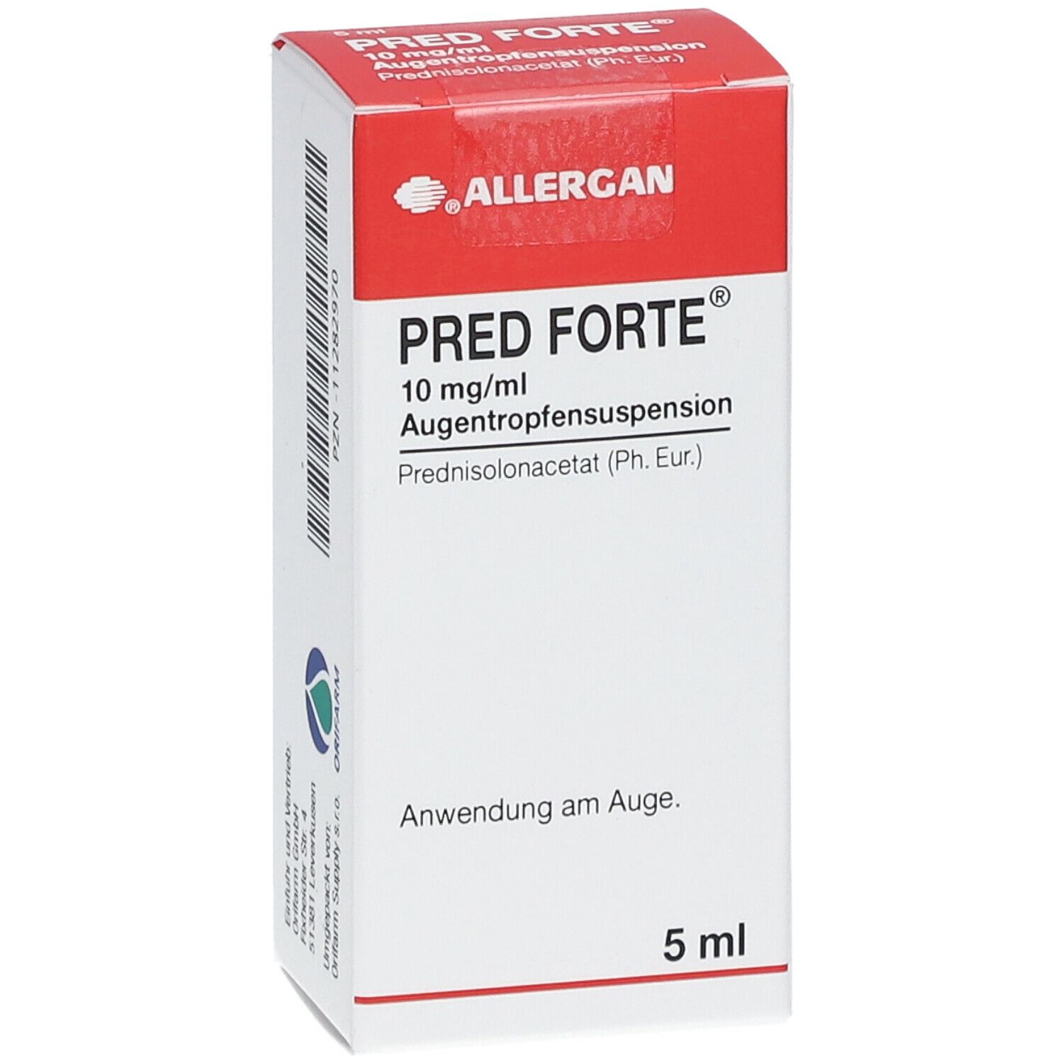 Weiße Faltschachtel mit rotem Deckel. Aufschrift PRED FORTE 10 mg/ml, Augentropfensuspension. 5 ml. Allergan Logo.