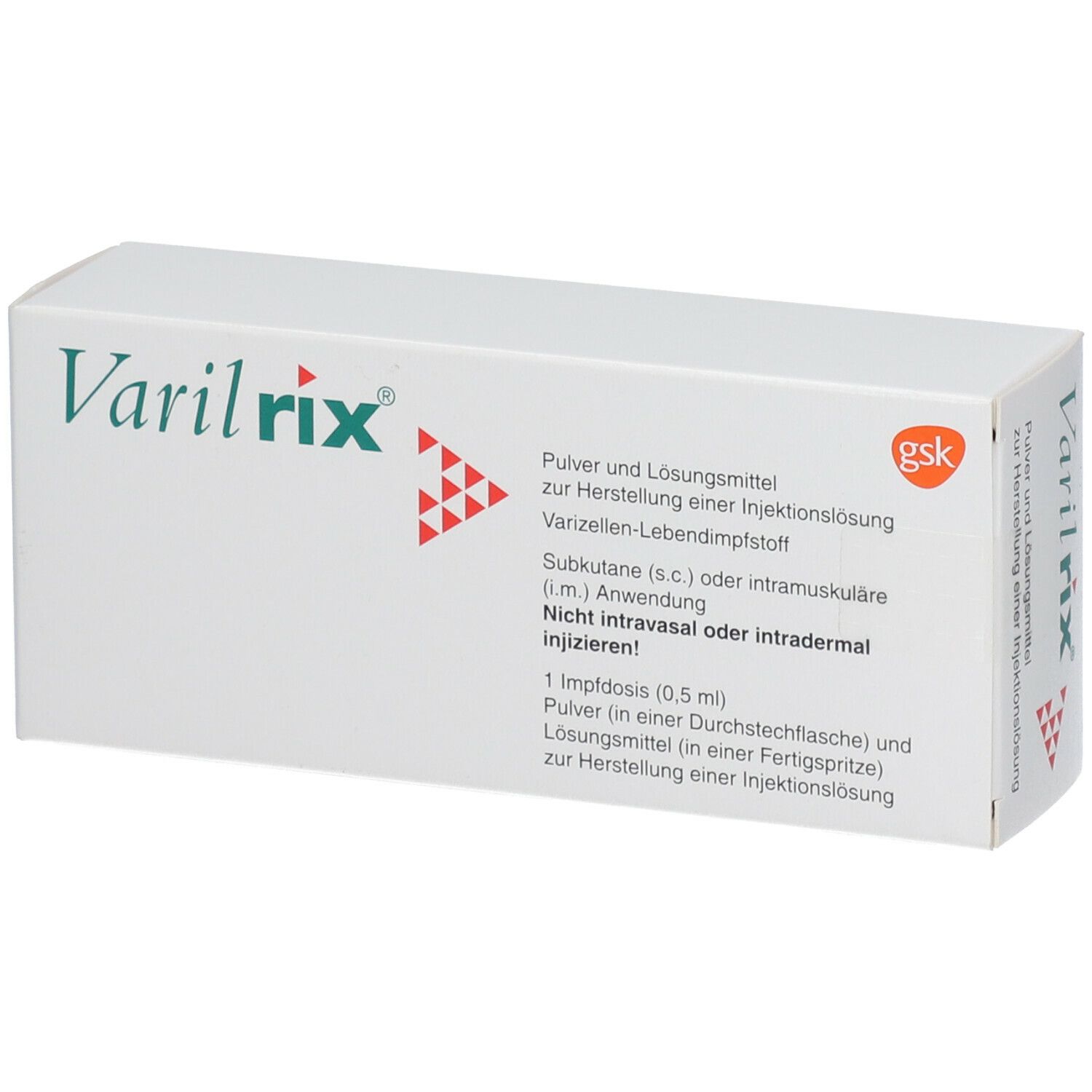 Weiße Verpackung mit grünem "Varilrix"-Logo und Text. Enthält Pulver und Lösungsmittel zur Injektionslösung.