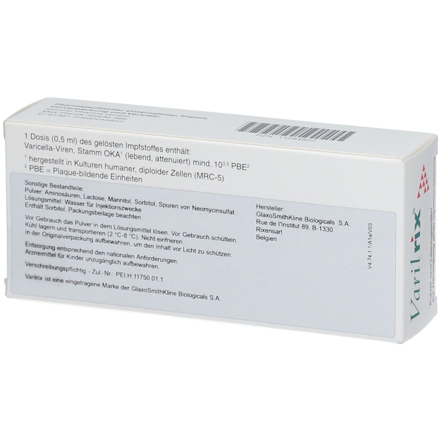 Rückseite der weißen "Varilrix"-Verpackung mit Text. Enthält Informationen zu Inhaltsstoffen und Hersteller.