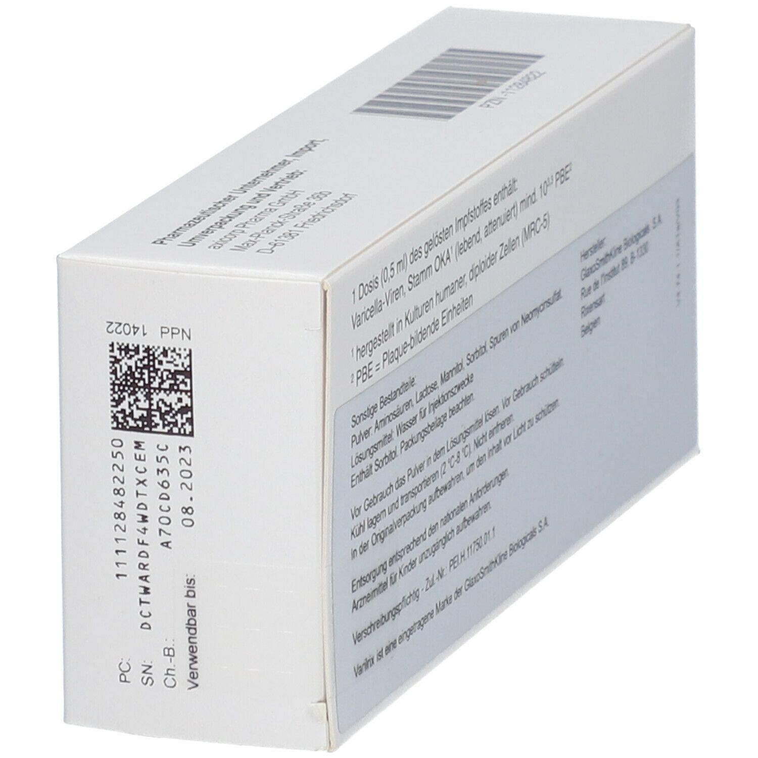 Rückseite der weißen "Varilrix"-Verpackung mit Text und Barcode. Enthält Informationen zu Inhaltsstoffen.