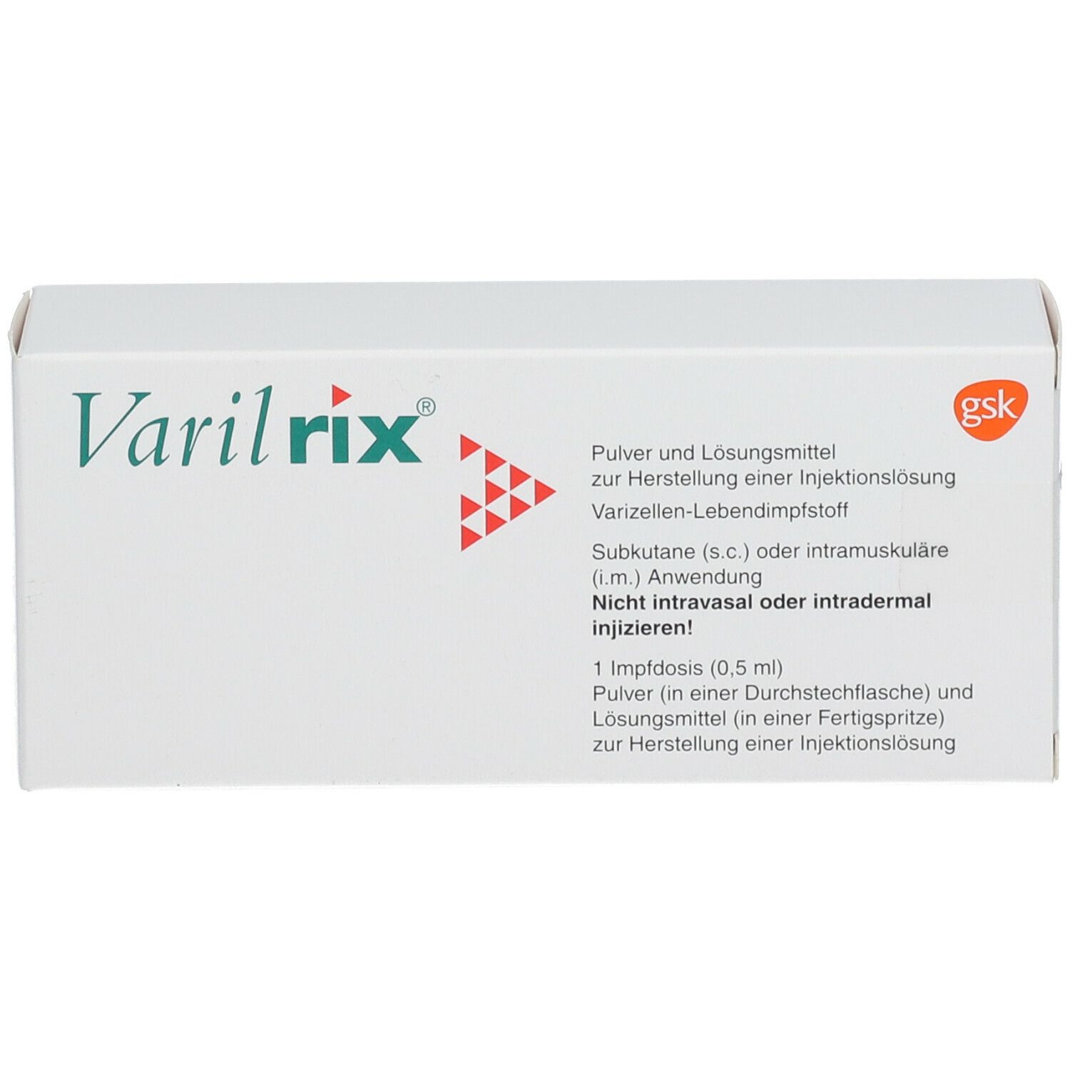 Weiße Verpackung mit grünem "Varilrix"-Logo und Text. Enthält Pulver und Lösungsmittel zur Injektionslösung.