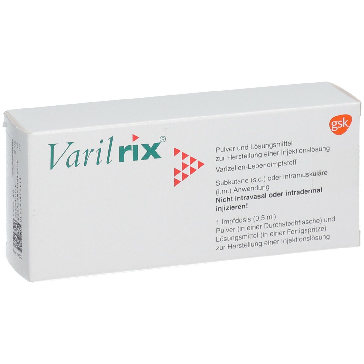 Weiße Verpackung mit grünem "Varilrix"-Logo und Text. Enthält Pulver und Lösungsmittel zur Injektionslösung.