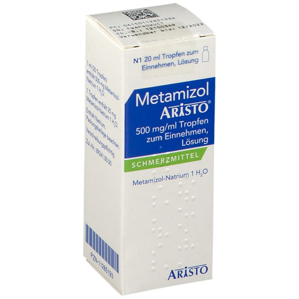 Aristo Metamizol Tropfen, 500 mg/ml, Packung. Aufschrift: Schmerzmittel. Weiße Schachtel mit blauer und grüner Beschriftung.