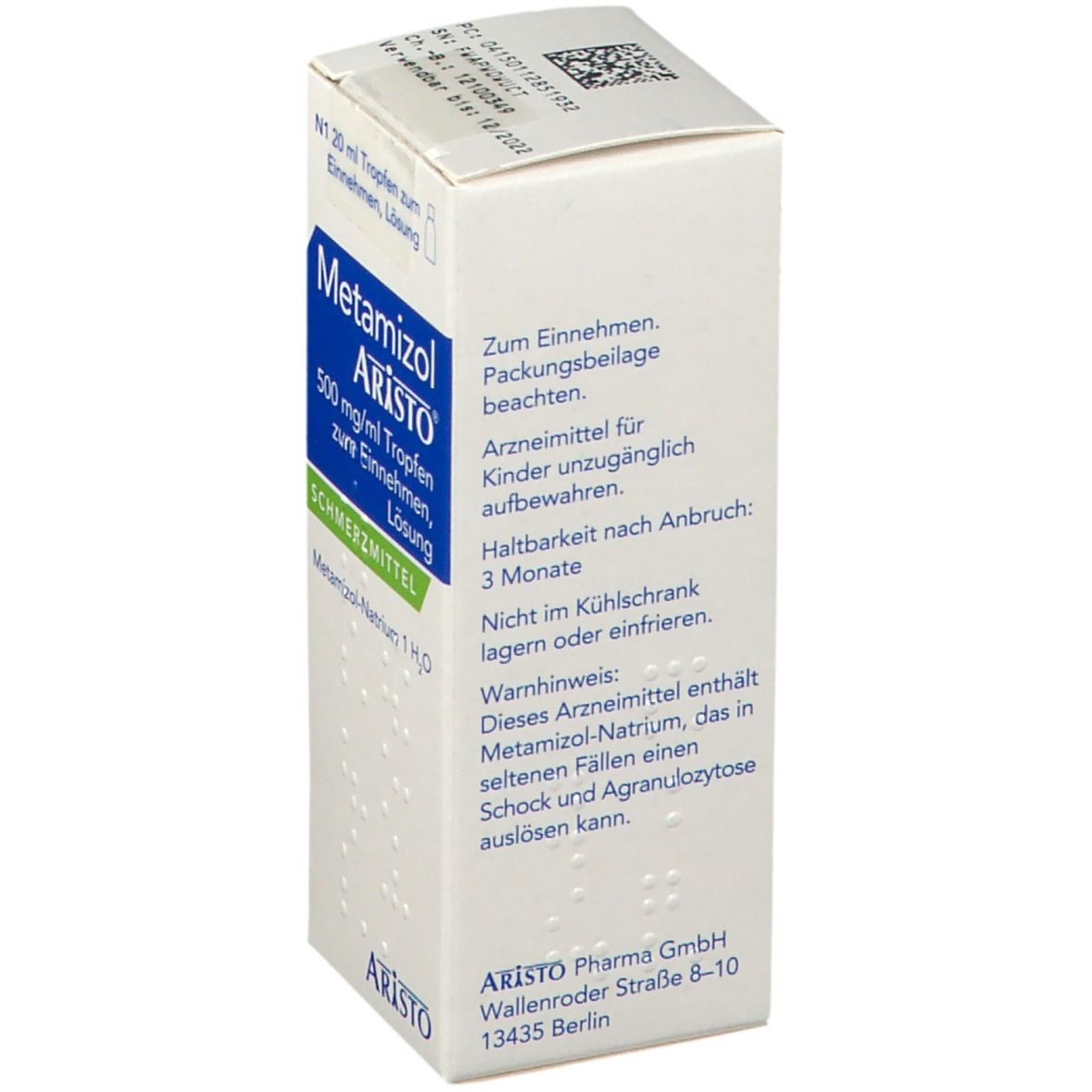 Aristo Metamizol Tropfen, 500 mg/ml, Packung. Aufschrift: Schmerzmittel. Weiße Schachtel mit blauer und grüner Beschriftung.