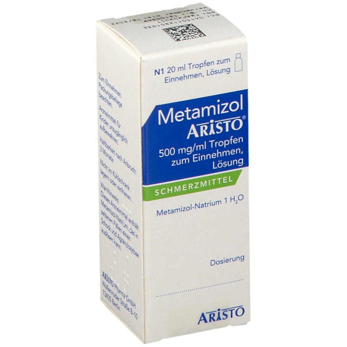 Aristo Metamizol Tropfen, 500 mg/ml, Packung. Aufschrift: Schmerzmittel. Weiße Schachtel mit blauer und grüner Beschriftung.