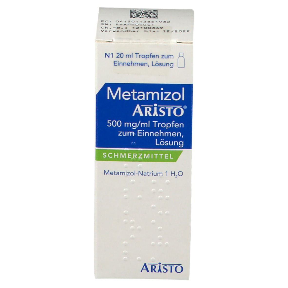 Aristo Metamizol Tropfen, 500 mg/ml, Packung. Aufschrift: Schmerzmittel. Weiße Schachtel mit blauer und grüner Beschriftung.