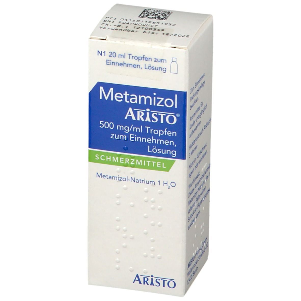 Aristo Metamizol Tropfen, 500 mg/ml, Packung. Aufschrift: Schmerzmittel. Weiße Schachtel mit blauer und grüner Beschriftung.