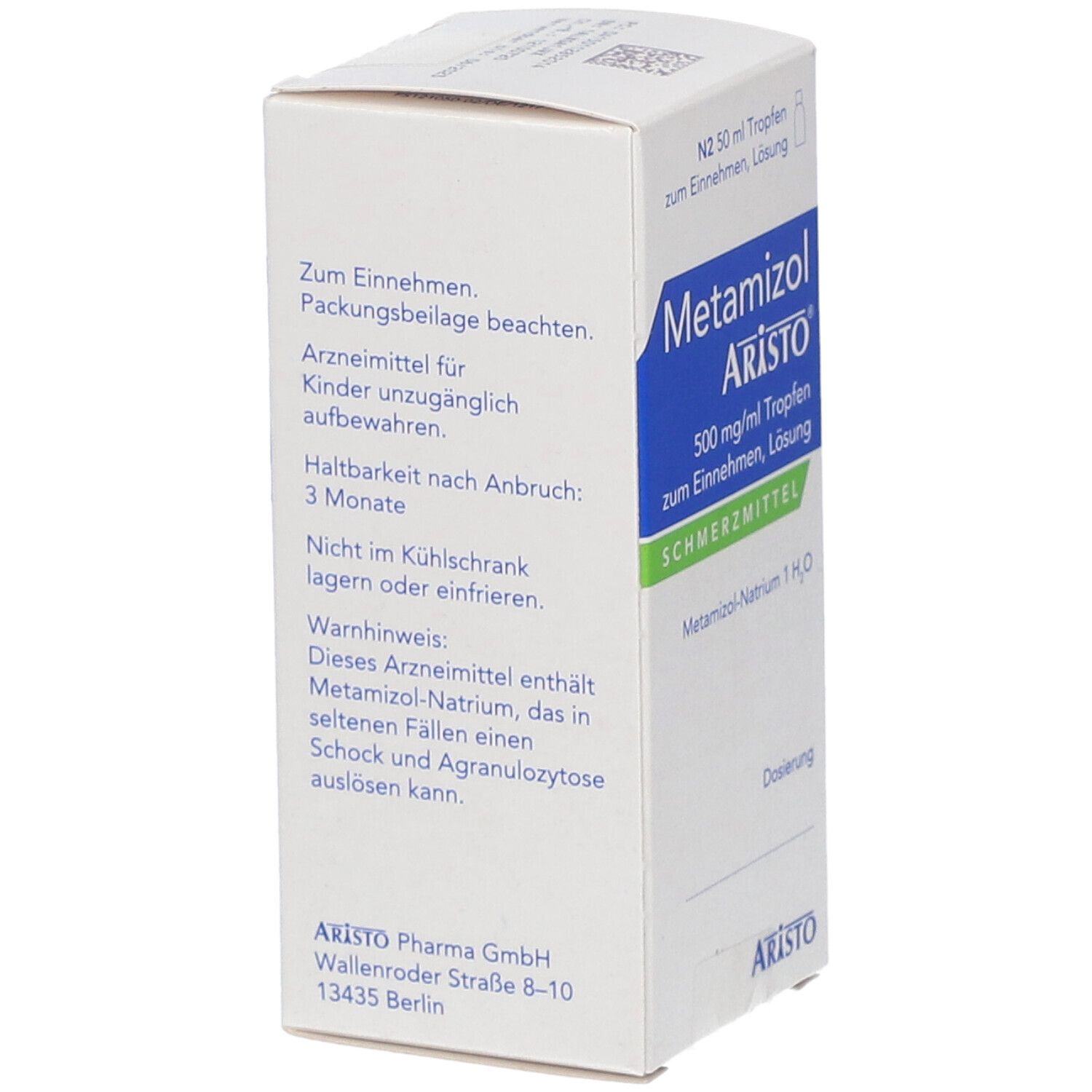 Schachtel mit Metamizol Aristo® Tropfen. Blaue und grüne Beschriftung. Warnhinweise und Haltbarkeit.