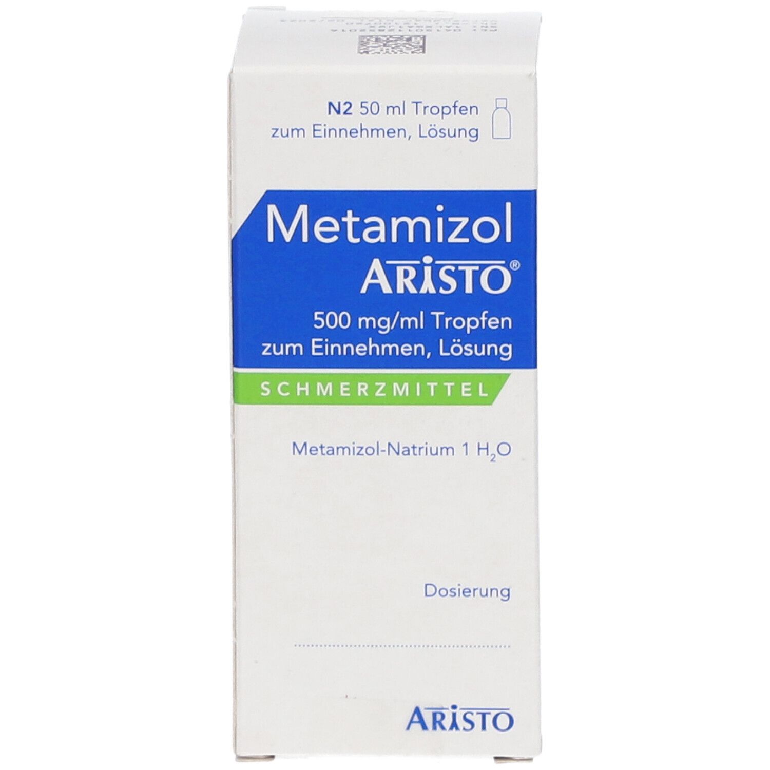 Schachtel mit Metamizol Aristo® Tropfen. Blaue und grüne Beschriftung. Dosierungsangaben.