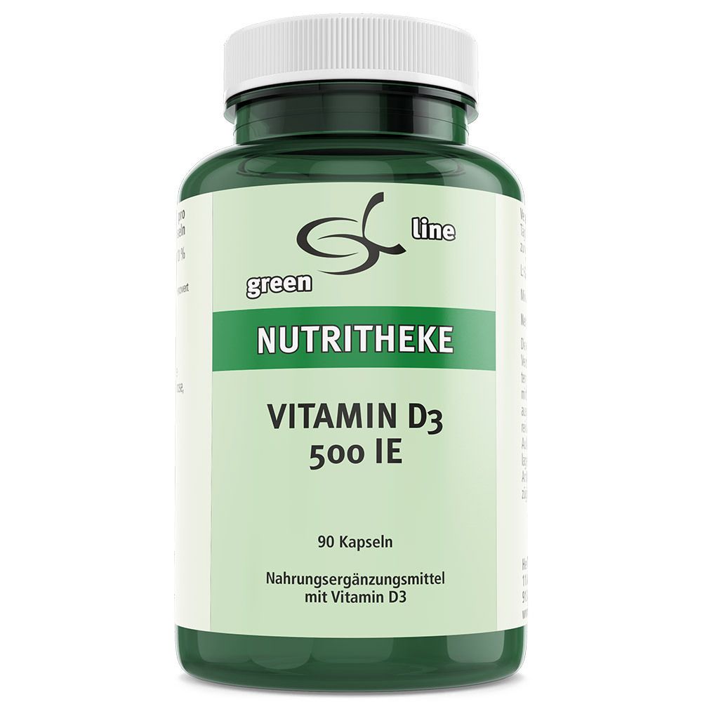 Grüne Flasche mit weißen Deckel. Auf dem Etikett steht: green line NUTRITHEKE Vitamin D3 500 I.E. 90 Kapseln.