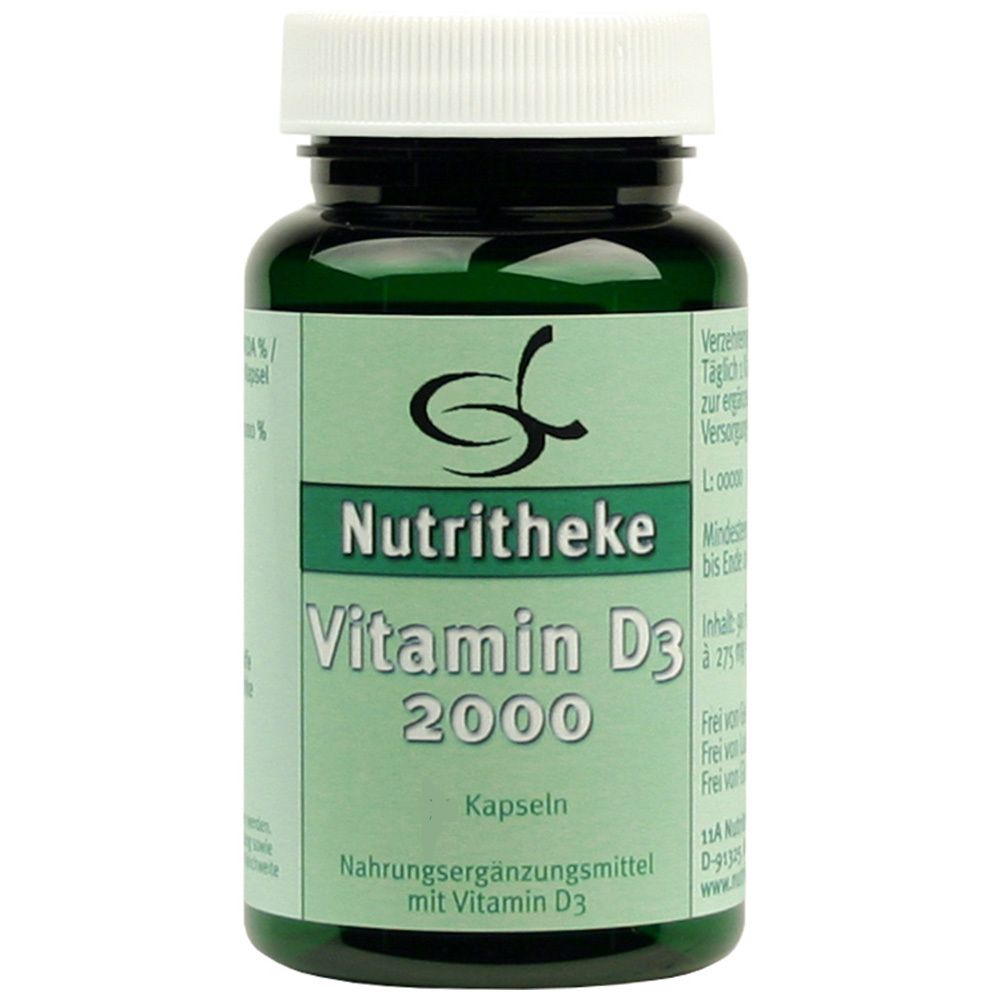Grüne Flasche mit weißen Deckel. Aufschrift: Nutritheke Vitamin D3 2000 Kapseln. Nahrungsergänzungsmittel mit Vitamin D3.
