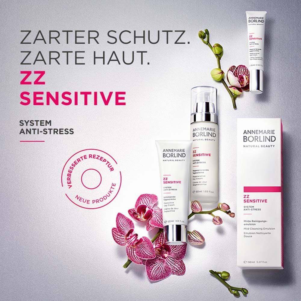 Verschiedene Produkte der ZZ Sensitive Serie. Flaschen, Tuben und Verpackungen. Produktname und Marke sichtbar.