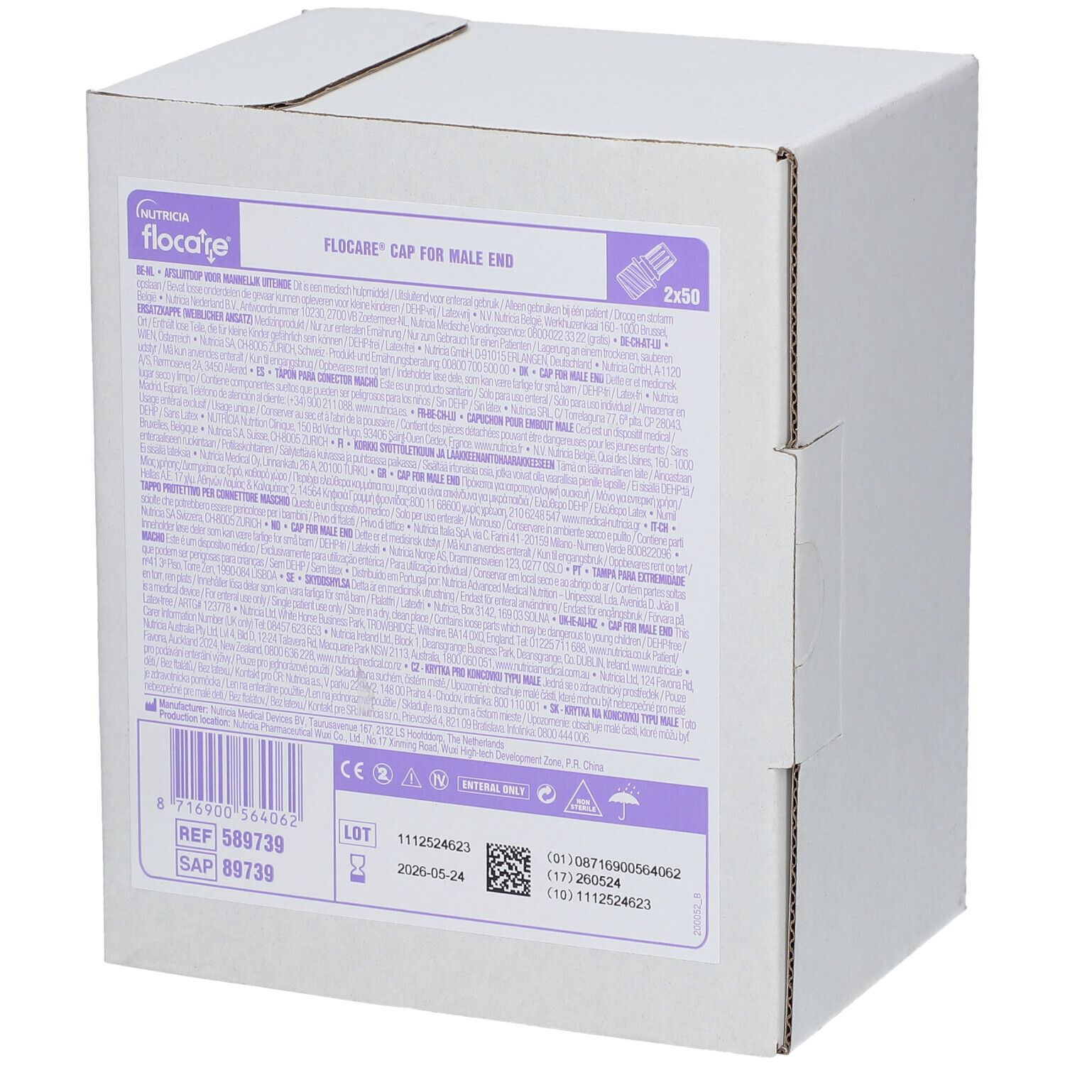 Kartonverpackung mit Produktinformationen. Aufschrift: Flocare® Cap for Male End. Enthält 2x50 Stück. Barcode und Chargennummer.