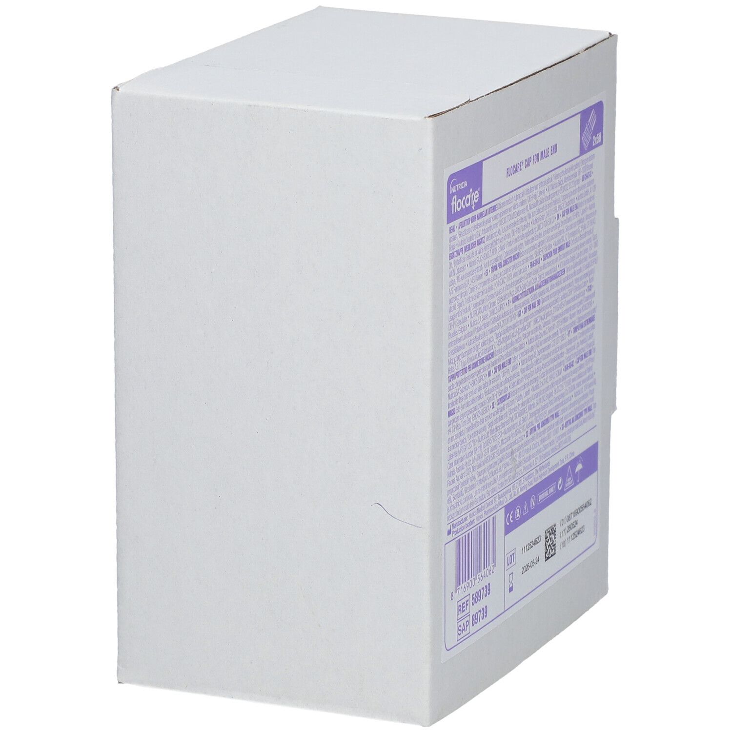 Weiße Kartonverpackung. Auf einer Seite Produktinformationen. Aufschrift: Flocare® Cap for Male End. Lila Akzente.