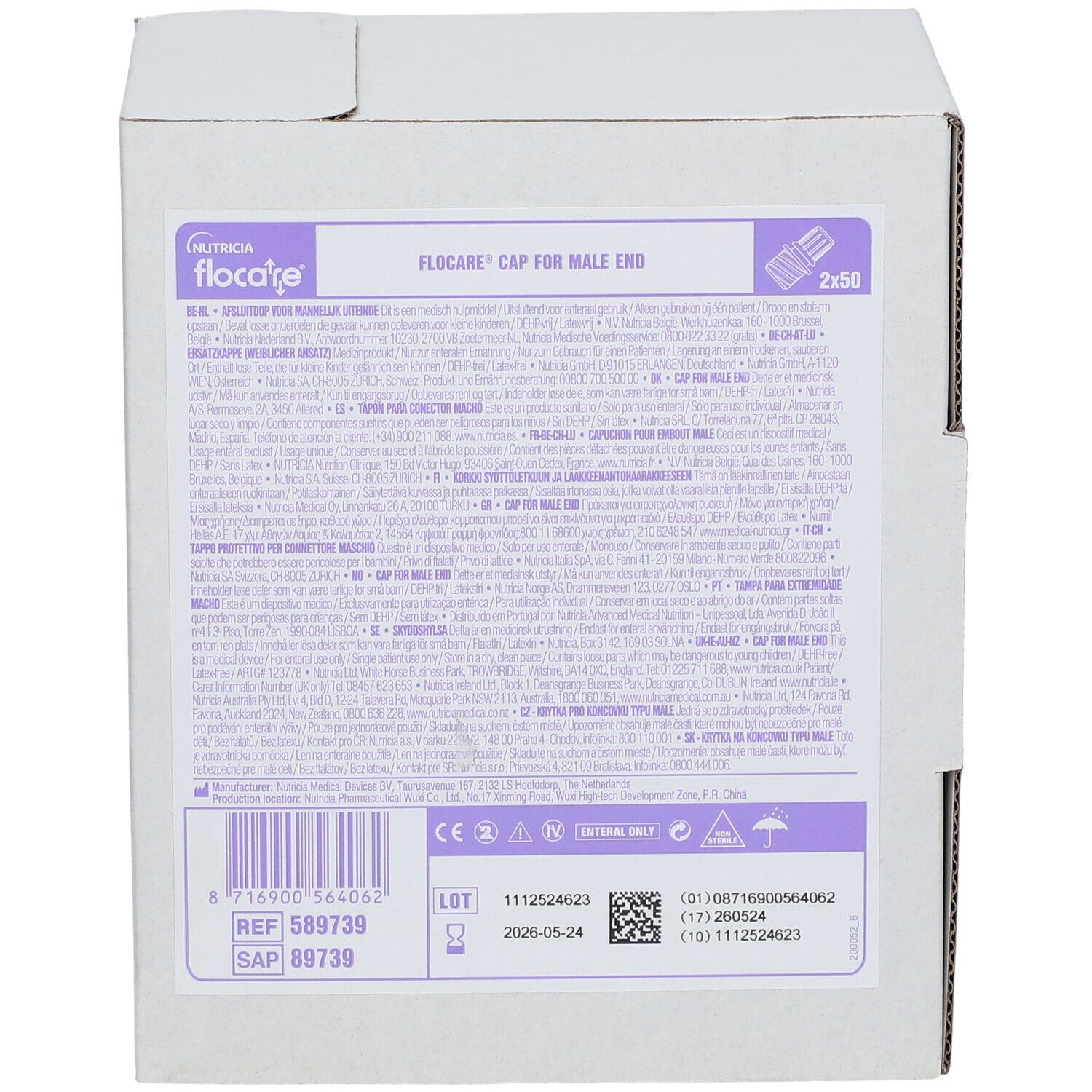 Kartonverpackung mit Produktinformationen. Aufschrift: Flocare® Cap for Male End. Enthält 2x50 Stück. Barcode und Chargennummer.