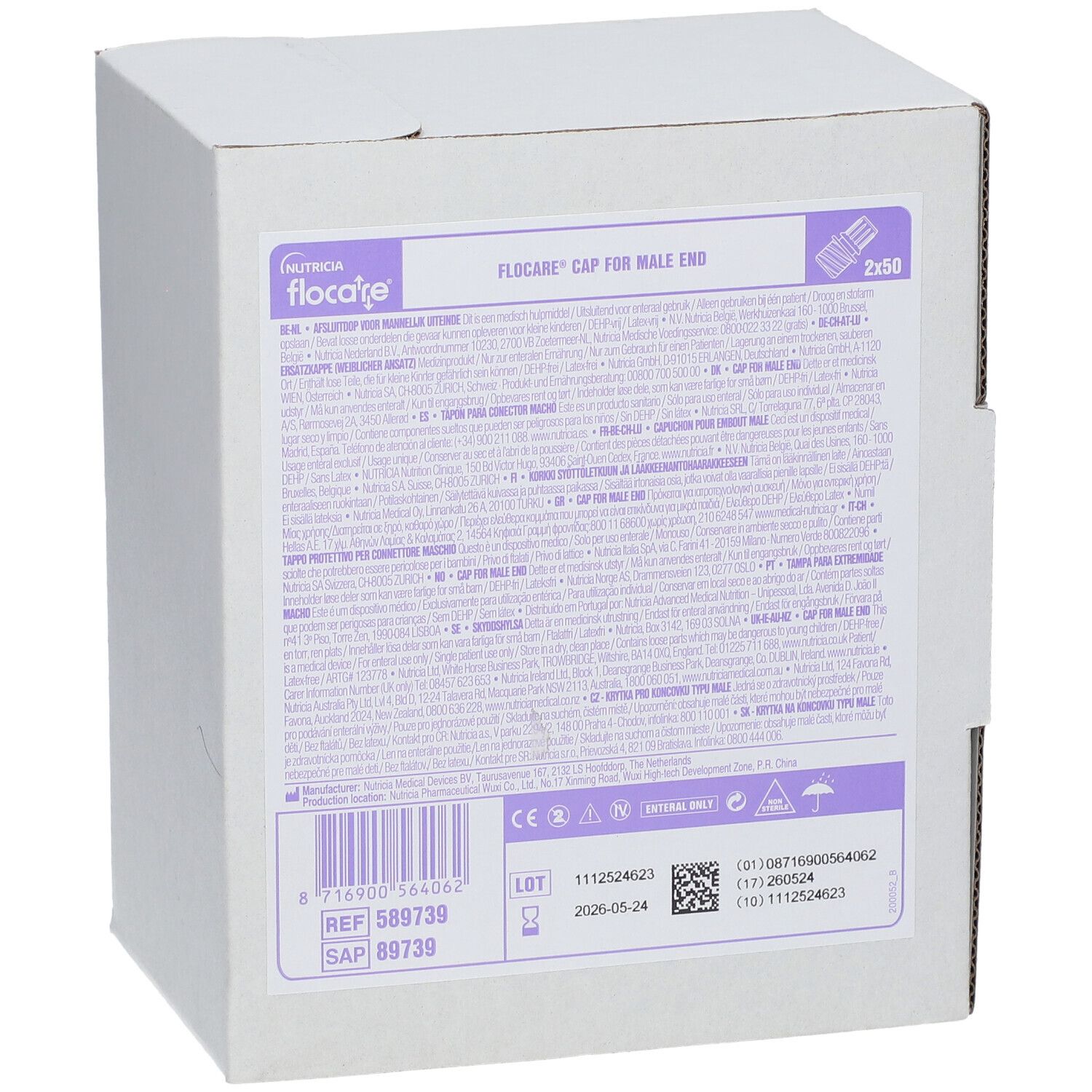 Kartonverpackung mit Produktinformationen. Aufschrift: Flocare® Cap for Male End. Enthält 2x50 Stück. Barcode und Chargennummer.