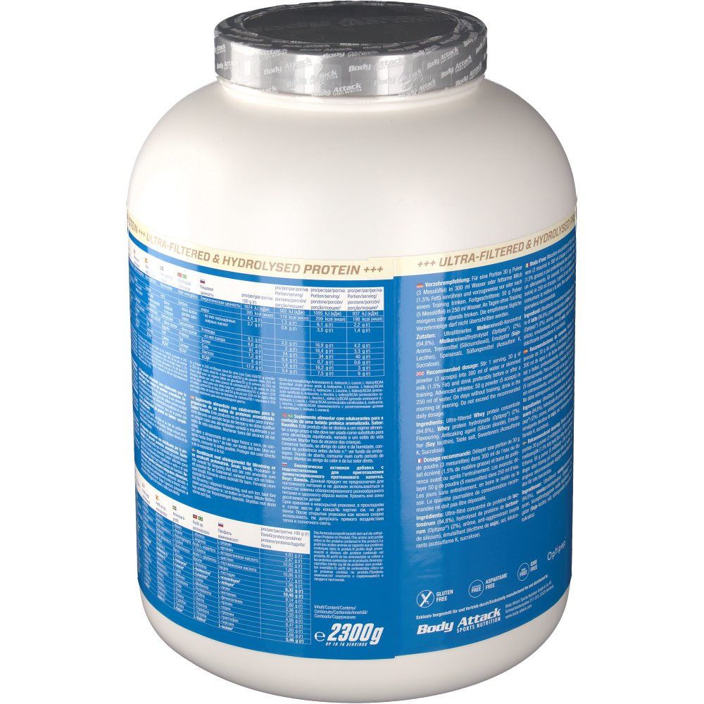 Rückseite des weißen Behälters. Blaues Etikett mit Text und Nährwertangaben. Aufschrift: Body Attack. 2300g.