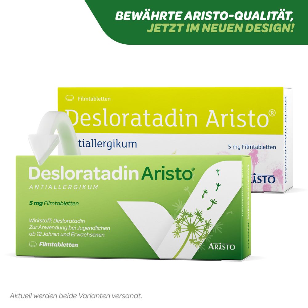 Zwei Schachteln Desloratadin Aristo 5 mg. Text: Antiallergikum. Logo: Aristo. Hintergrund: gelb und grün.