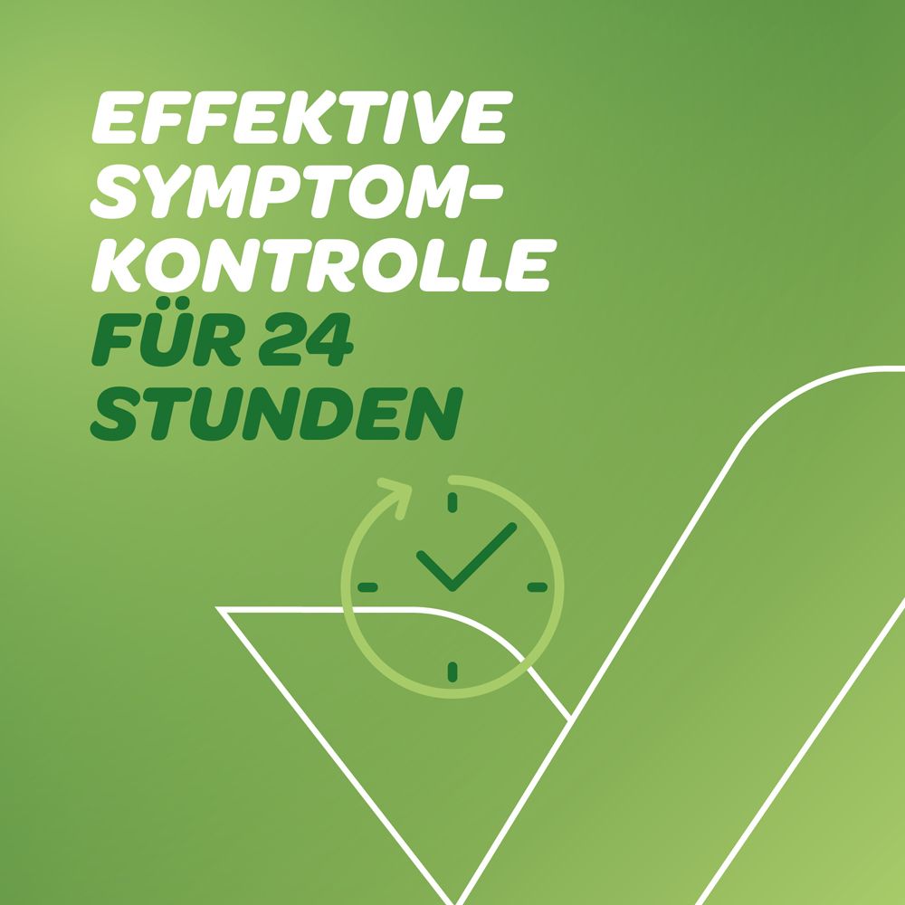 Grafik mit Text: Effektive Symptomkontrolle für 24 Stunden. Uhr-Symbol.