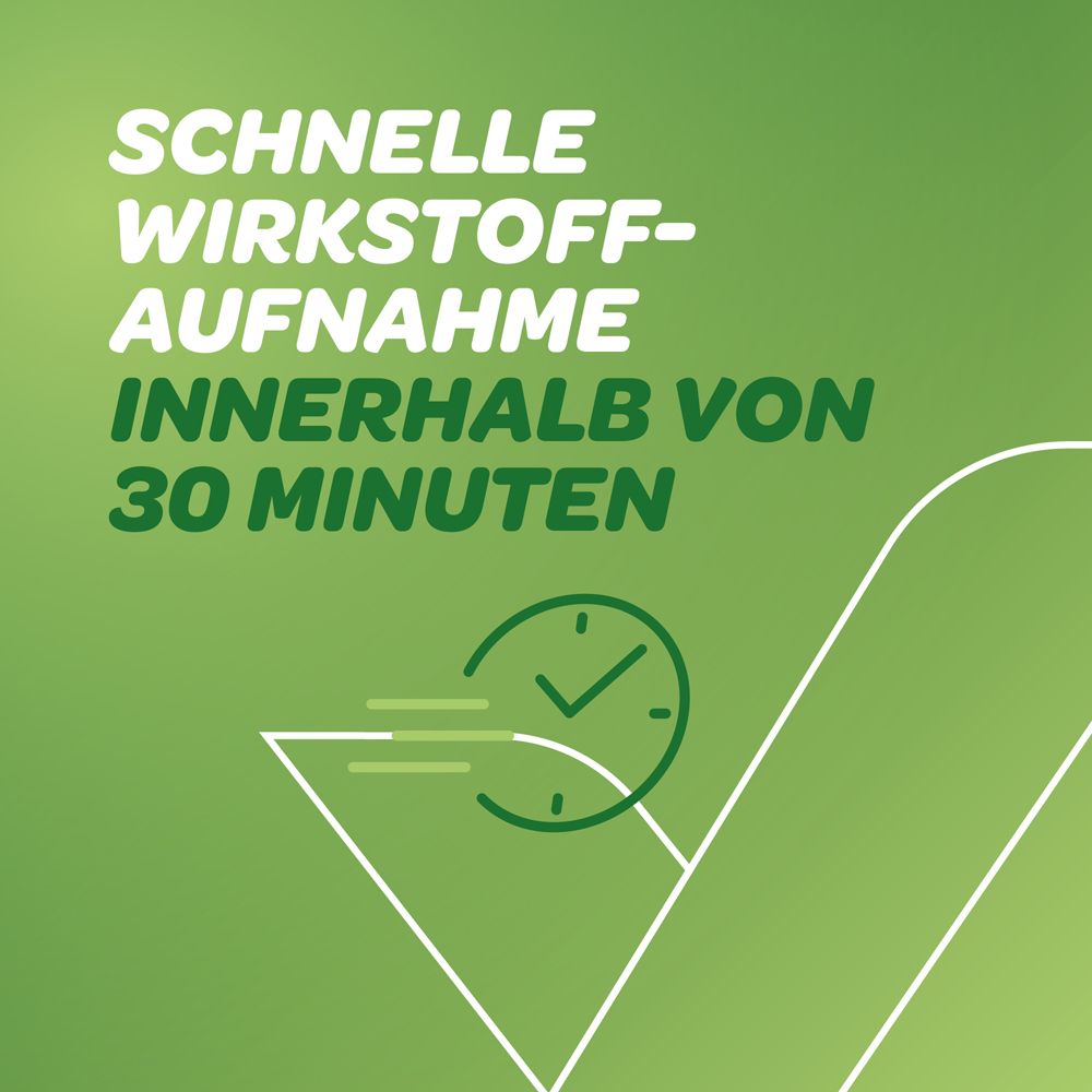 Text auf grünem Hintergrund: Schnelle Wirkstoffaufnahme innerhalb von 30 Minuten. Uhr-Symbol.