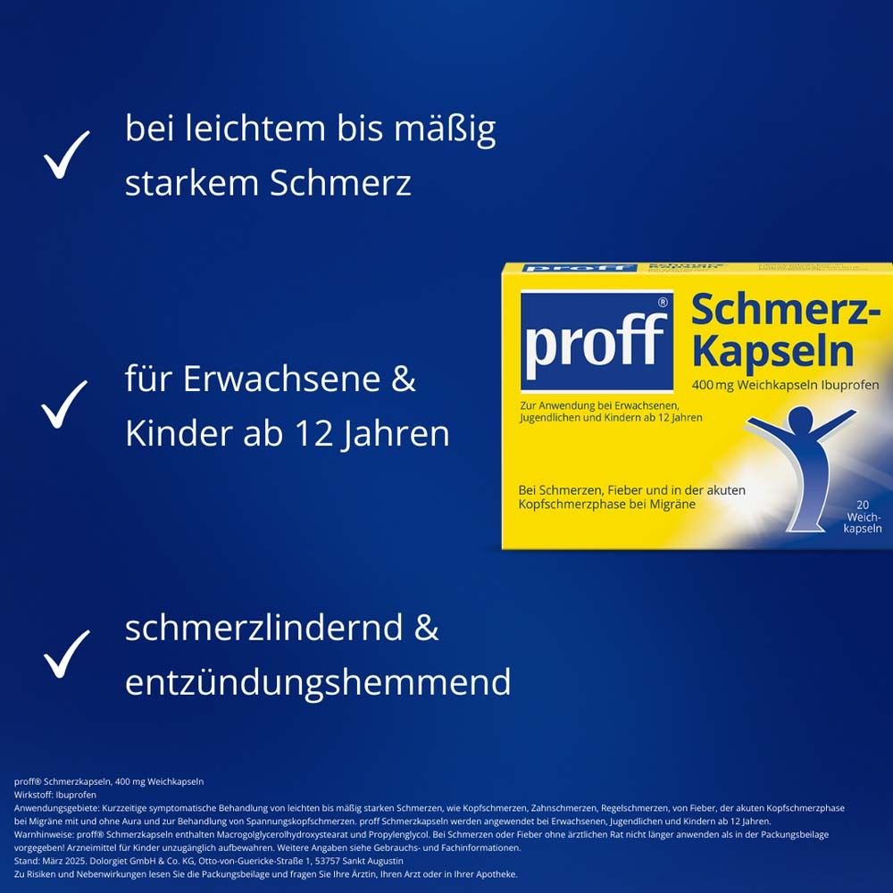 Packung "proff Schmerzkapseln 400 mg" mit grünen Häkchen. Text: "bei leichtem bis mäßig starkem Schmerz", "für Erwachsene & Kinder ab 12 Jahren".