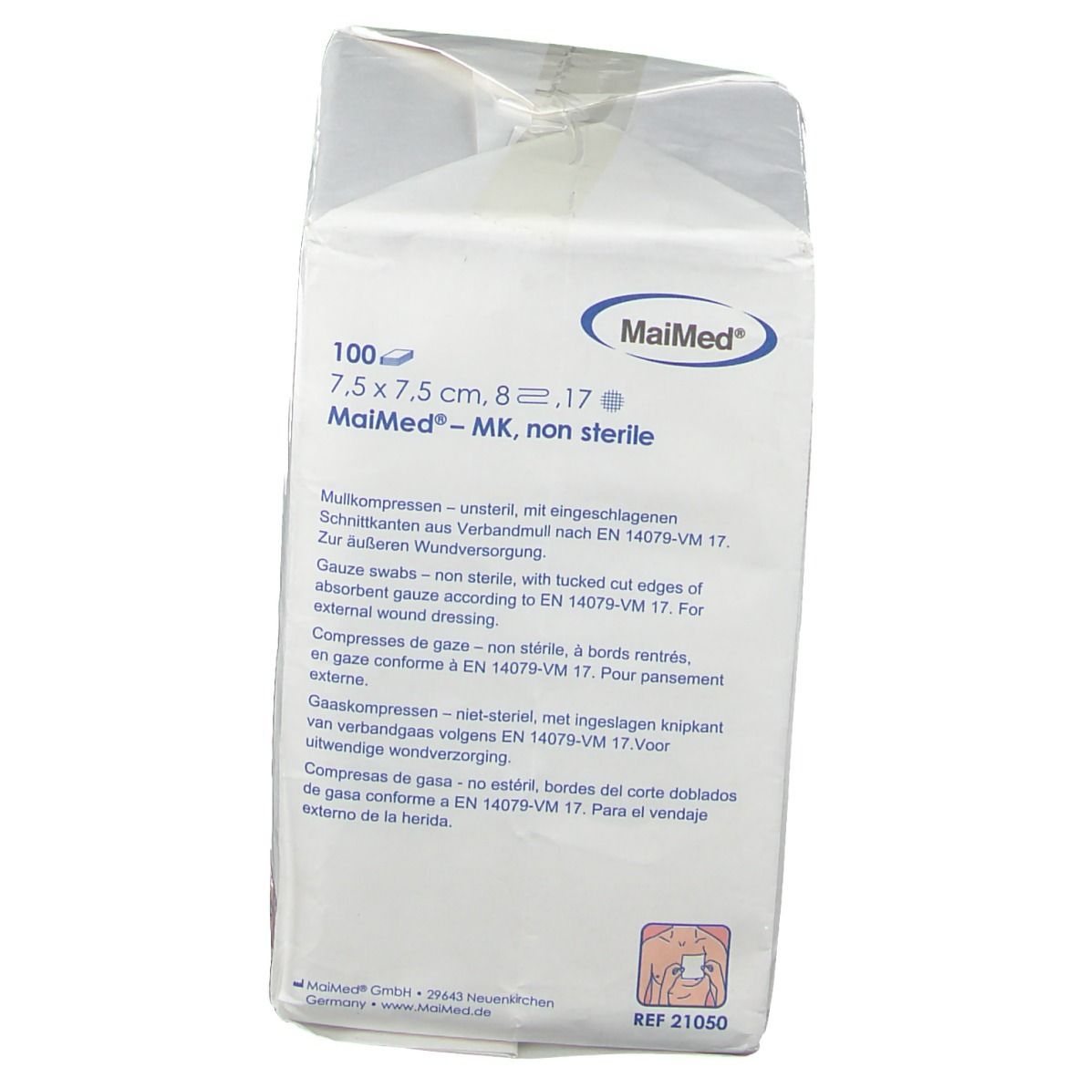 Verpackung von MaiMed Mullkompressen, 7,5 x 7,5 cm, unsteril. Produktinformationen und Marke deutlich sichtbar.
