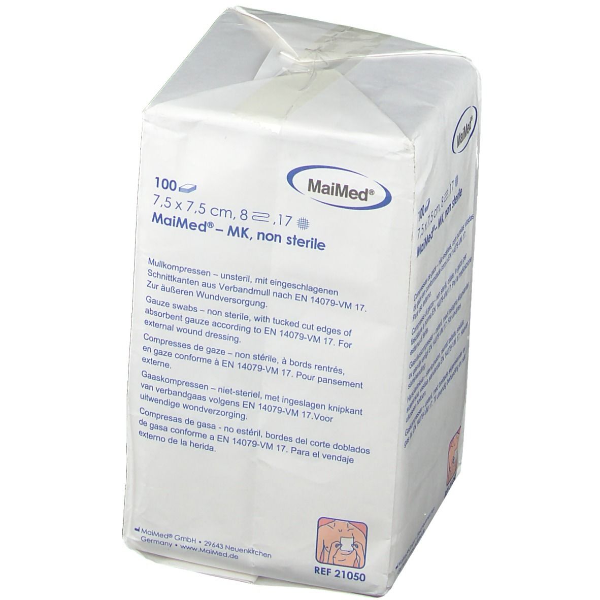 Verpackung von MaiMed Mullkompressen, 7,5 x 7,5 cm, unsteril. Produktinformationen und Marke deutlich sichtbar.