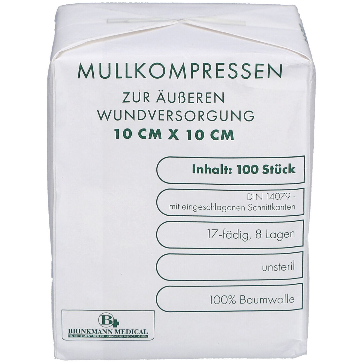 Verpackung Mullkompressen 10x10 cm, unsteril. Text: 100 Stück, 17-fädig, 8 Lagen, 100% Baumwolle. Brinkmann Medical Logo.