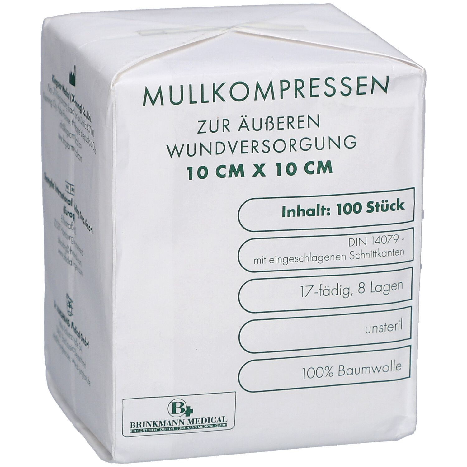 Verpackung Mullkompressen 10x10 cm, unsteril. Text: 100 Stück, 17-fädig, 8 Lagen, 100% Baumwolle. Brinkmann Medical Logo.