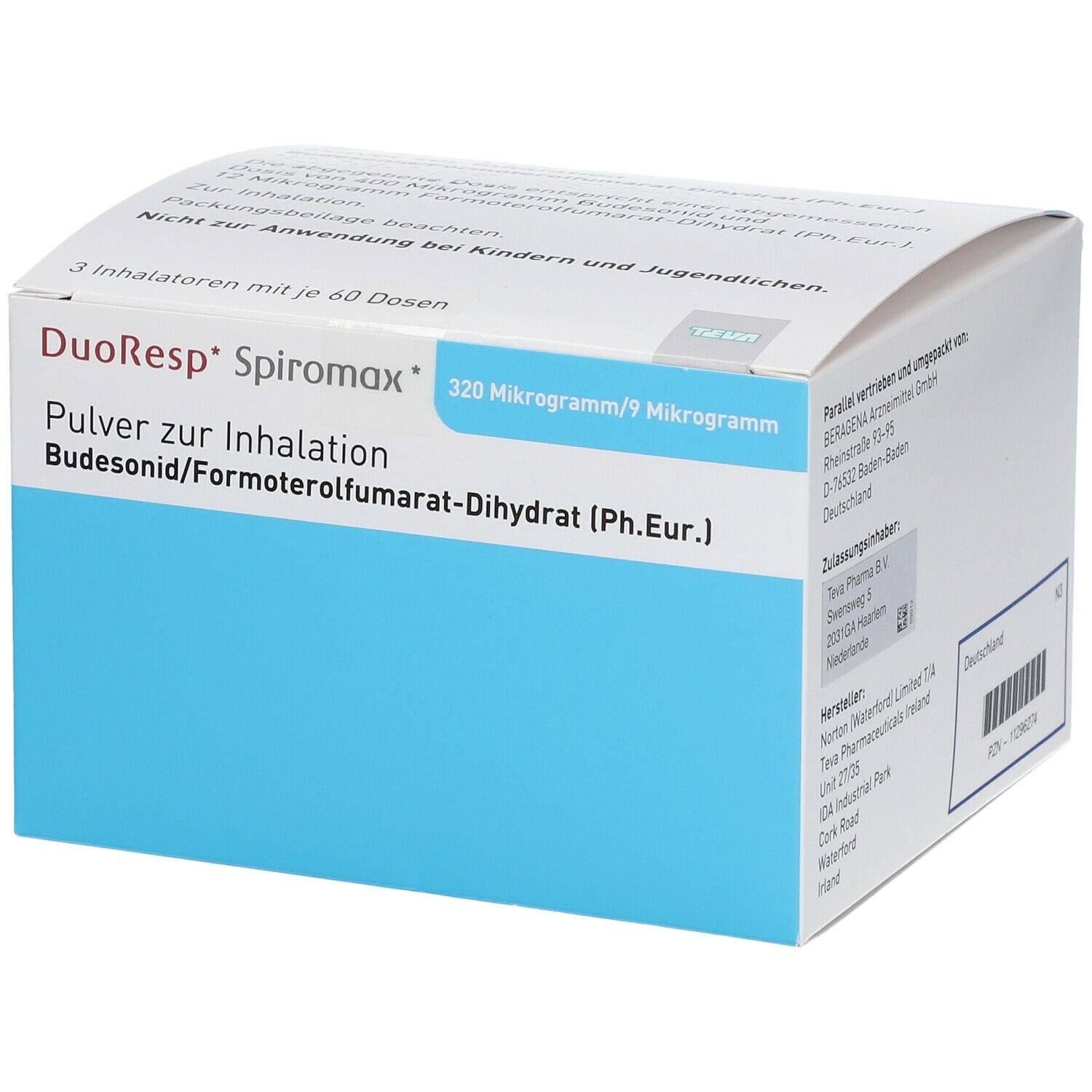 Karton von DuoResp Spiromax. Blaue und weiße Verpackung mit Produktnamen und Dosierung. Enthält 3 Inhalatoren mit 60 Dosen.