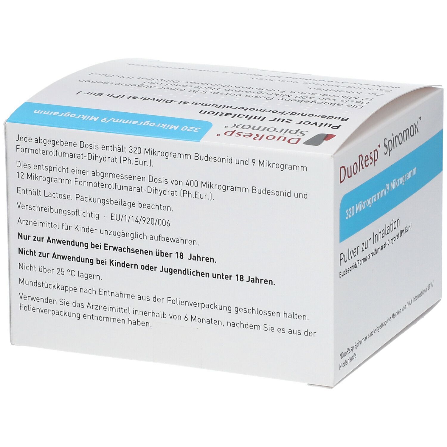 Karton von DuoResp Spiromax. Blaue und weiße Verpackung mit Produktnamen und Dosierung. Text: Pulver zur Inhalation. Rückseite mit Text.