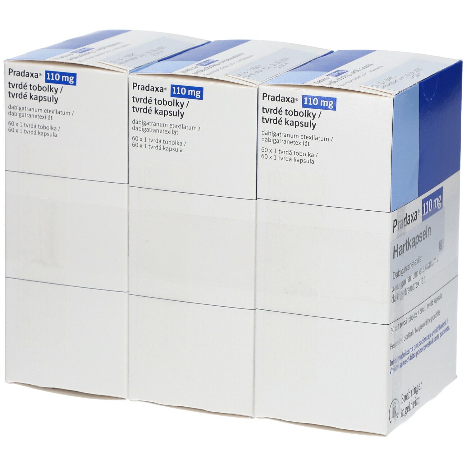 Mehrere Packungen Pradaxa® 110 mg Hartkapseln. Weiße Verpackung mit blauen Akzenten und Produktinformationen.
