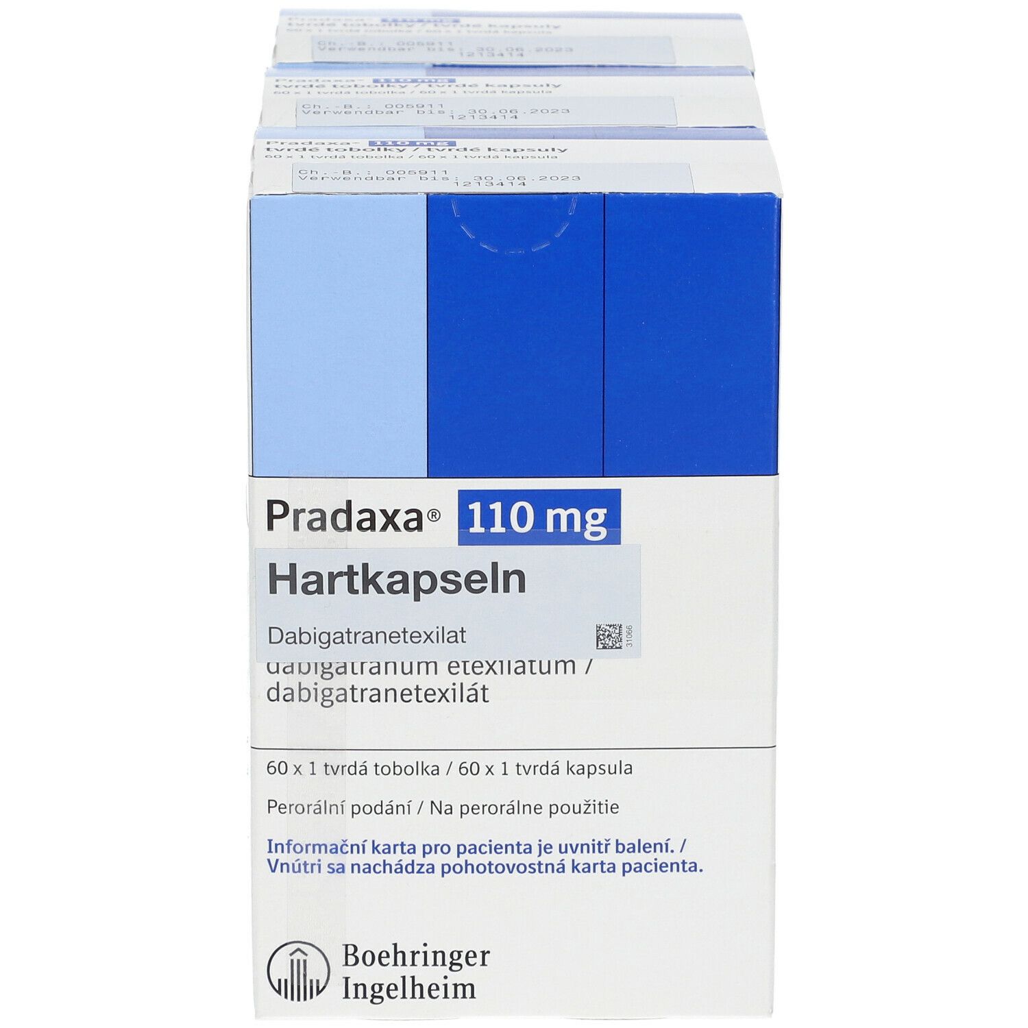 Packung Pradaxa® 110 mg Hartkapseln. Blaue und weiße Verpackung mit Produktinformationen und Logo.