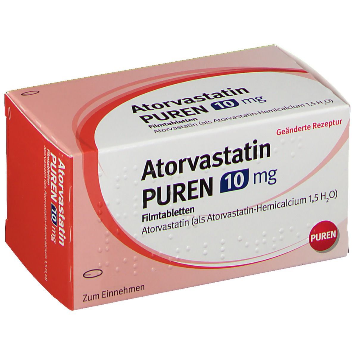 Atorvastatin PUREN 10 mg Packung. Weiße und rote Verpackung mit Produktnamen und Dosierung. Aufschrift: Zum Einnehmen.