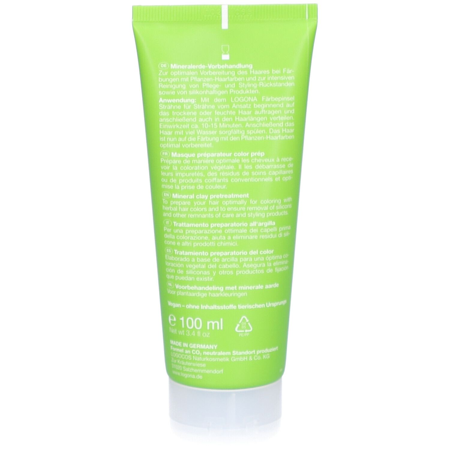 Rückseite der grünen Tube. Text in mehreren Sprachen. Logo, Vegan-Siegel. Volumen: 100 ml.