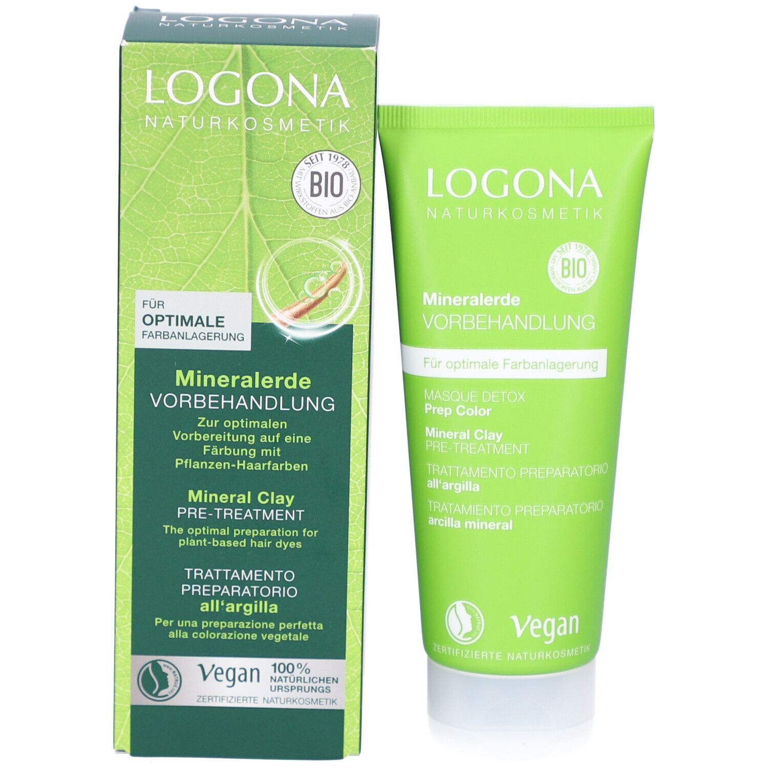 Produktverpackung und Tube. Verpackung: Grün, Logo, Bio-Siegel. Tube: Grün, Produktname, Vegan-Siegel.