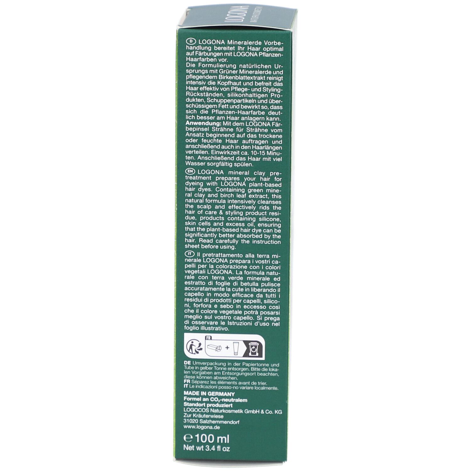 Produktverpackung, Seite. Text in mehreren Sprachen. Logo, Volumen: 100 ml. Hergestellt in Deutschland.