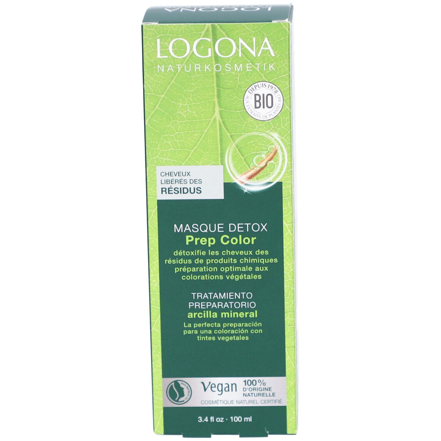 Produktverpackung. Text: Masque Detox Prep Color. Vegan-Siegel. 100% natürliche Ursprungs. 100 ml.