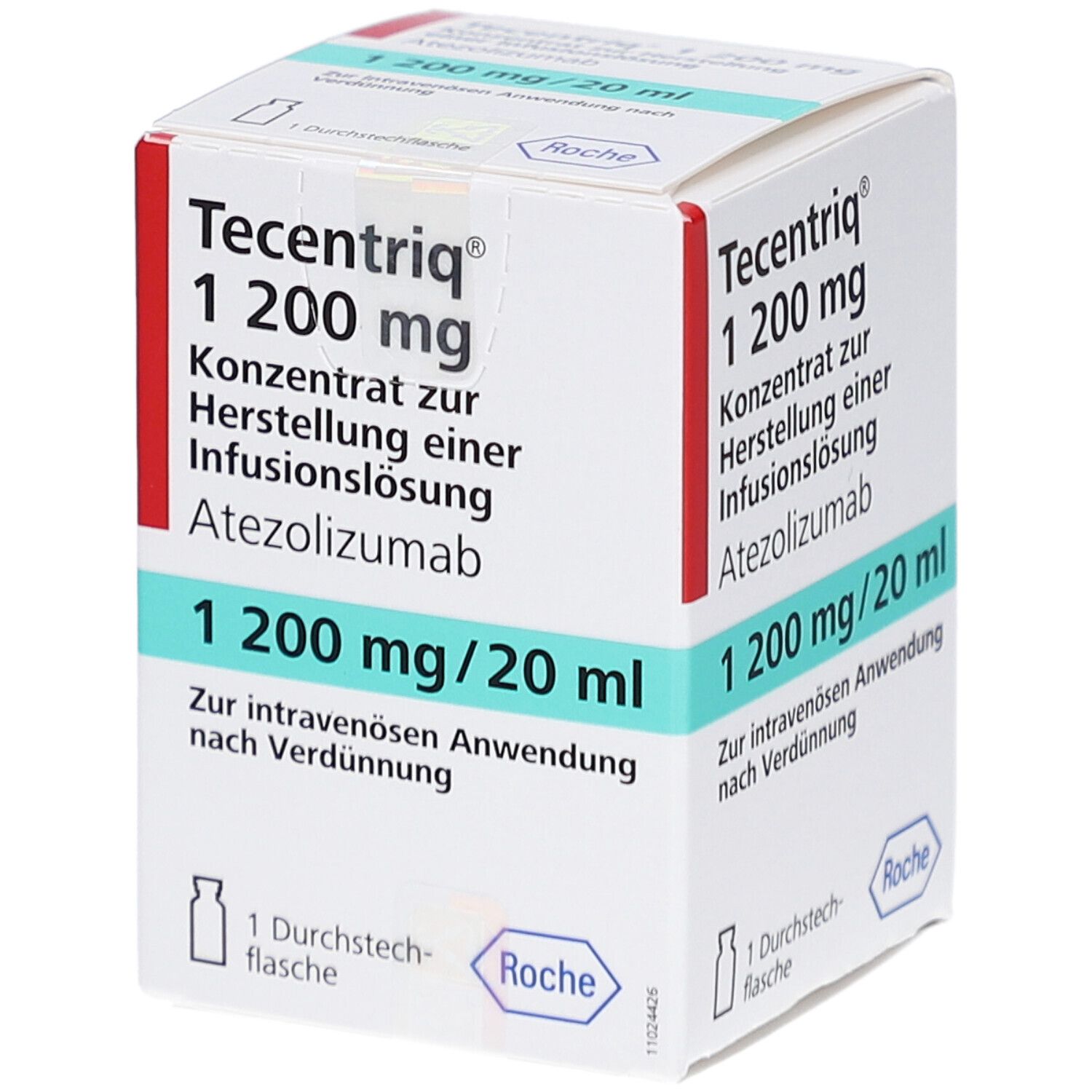 Schachtel Tecentriq 1200 mg. Konzentrat zur Herstellung einer Infusionslösung. Enthält Atezolizumab. 1 Durchstechflasche. Roche Logo.