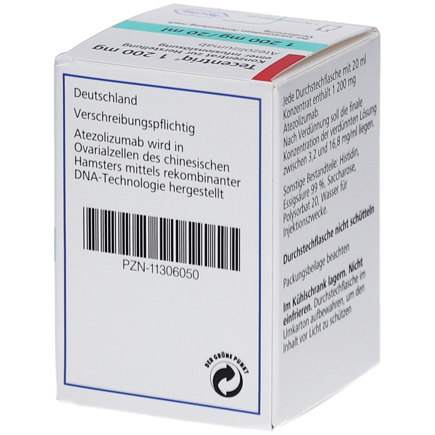 Schachtel Tecentriq 1200 mg. Enthält Atezolizumab. Hergestellt in Ovarialzellen. PZN-11306050. Der Grüne Punkt. Text in Deutsch.
