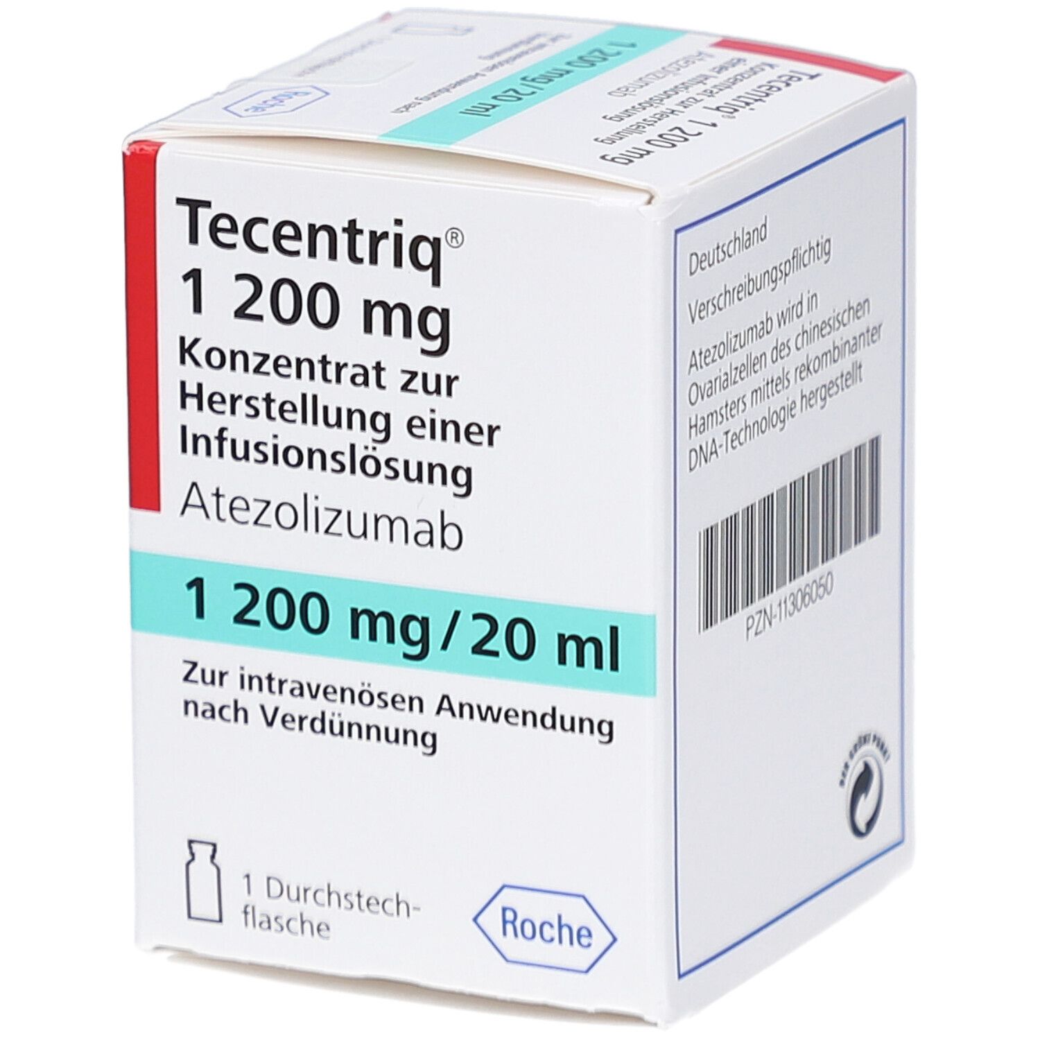 Schachtel Tecentriq 1200 mg. Konzentrat zur Herstellung einer Infusionslösung. Enthält Atezolizumab. 1 Durchstechflasche. Roche Logo.
