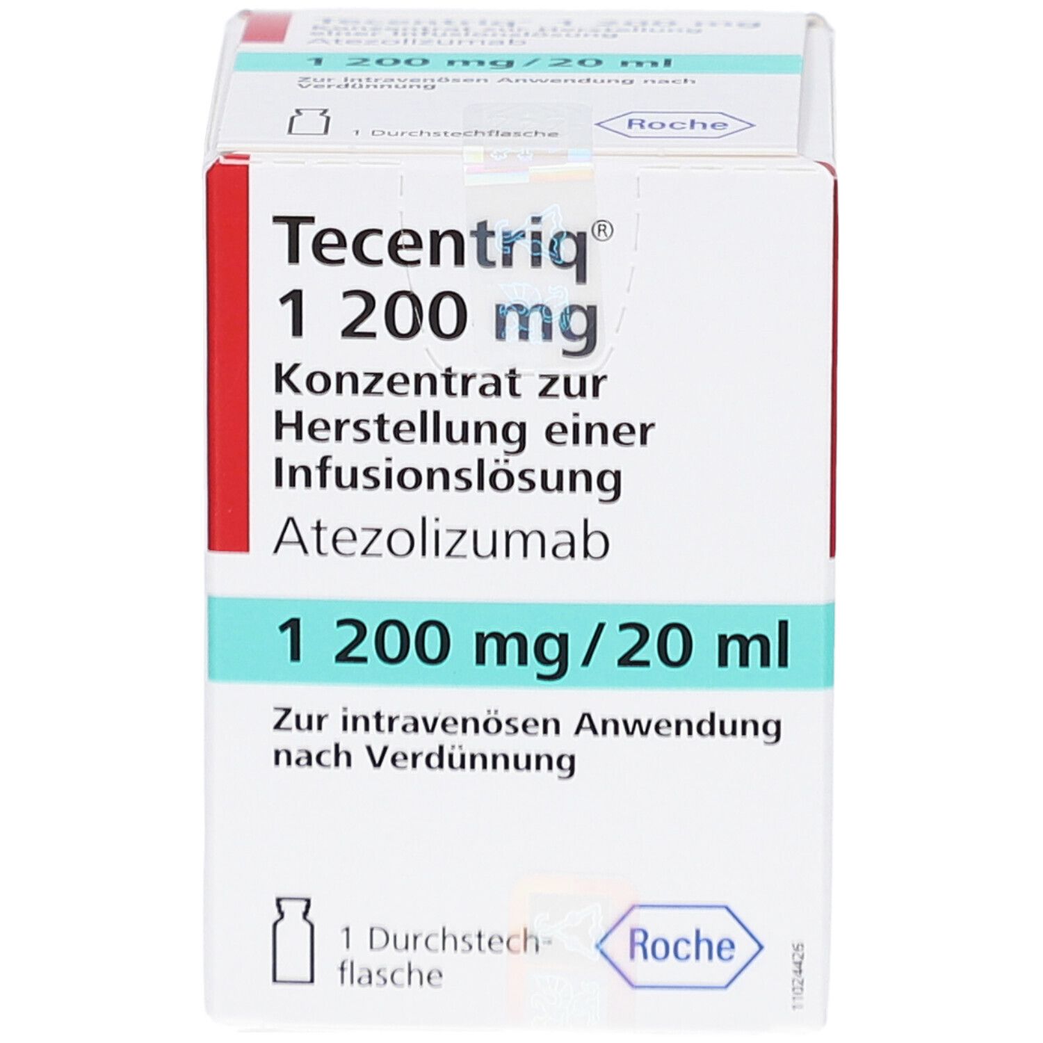 Schachtel Tecentriq 1200 mg. Konzentrat zur Herstellung einer Infusionslösung. Enthält Atezolizumab. 1 Durchstechflasche. Roche Logo.